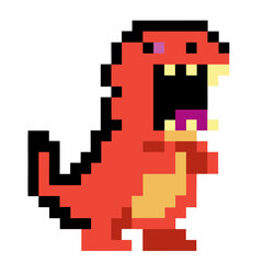 Obraz premium pixelated t rex illustration, retro video game icon, red dinosaur with open mouth and pixels background