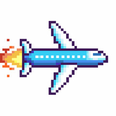 Pixel art airplane with fiery exhaust in retro video game