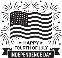 Waving American Flag with Fireworks – Happy Fourth of July Independence Day Vector Emblem, American Flag with Fireworks Burst – Fourth of July Independence Day Celebration Vector
