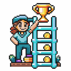 Fototapeta premium Pixel art character celebrating victory, holding trophy on ladder with medals