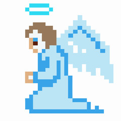 Pixel art angel with halo and wings, praying in blue and white design