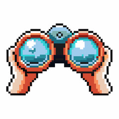 Obraz premium Pixel art binoculars with hands retro gaming symbol of exploration and adventure