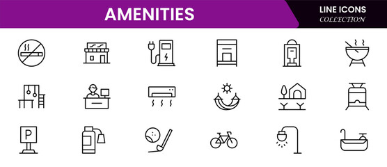 amenities facilities line icons, hotel parking restaurant park swimming pool, Vector illustration