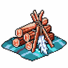 Fototapeta premium Pixel art campfire with logs and smoke in retro
