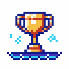 Fototapeta premium Pixel art golden trophy with sparkles on blue platform, retro gaming victory symbol