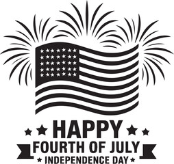 Waving American Flag with Fireworks – Happy Fourth of July Independence Day Vector Emblem, American Flag with Fireworks Burst – Fourth of July Independence Day Celebration Vector