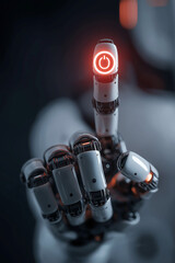 Close up finger of futuristic humanoid robot pressing power button with neon light modern interface action start technology, Automation technology concept
