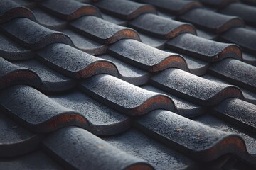 A close-up view of a row of dark grey roof tiles, with their curved design and rough texture