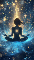 Silhouette of a woman in lotus meditation position with Seven Chakras on flowing rainbow energy background. AI Generative