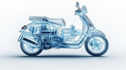 A dynamic 3D of a modern hydrogen classic scooter with semi transparent elements, showing a view of its internal. cut out.