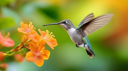 Fototapeta premium A hummingbird hovers near vibrant orange flowers.