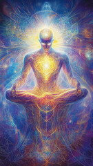Silhouette of a man in lotus meditation position with Seven Chakras on flowing rainbow energy background. AI Generative