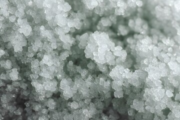 Close-up view of tiny salt crystals formation, showcasing its texture and structure. The salt crystals have a translucent quality and a soft, sparkling appearance.