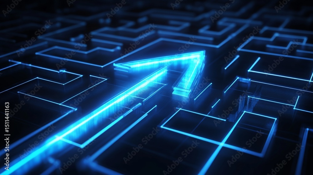 Poster glowing blue arrow navigating through an intricate maze digital realm animation virtual space perspe