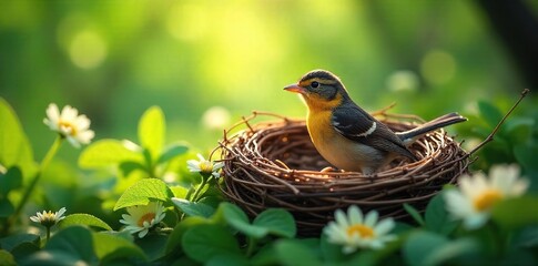 Cozy bird's nest nestled amongst lush green leaves and delicate wildflowers, sunlight dappling through the branches Perfect for spring or nature themes , macro, summer, calm