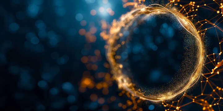 Golden tech ring with data points on dark background