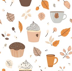 Autumn seamless pattern of coffee mugs, cupcakes, and leaves