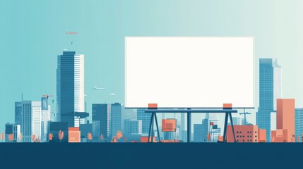 Obraz premium A flat style illustration of a blank white advertisement board placed in a bustling city environment. The signboard is clean and large, positioned on the side of a modern building.