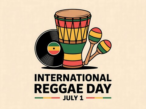 Celebration of international reggae day with drum maracas and record illustration on light background - Powered by Adobe
