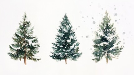Fototapeta premium Enchanting watercolor pine trees in a serene forest nature artwork softly adorned with snowflakes for a tranquil winter scene