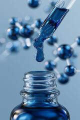 Blue hyaluronic acid serum drop with molecule inside, Cosmetic moisturizer water molecule, Cosmetic essence, Skin care cosmetics solution concept
