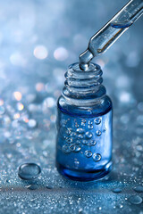 Blue hyaluronic acid serum drop with molecule inside, Cosmetic moisturizer water molecule, Cosmetic essence, Skin care cosmetics solution concept
