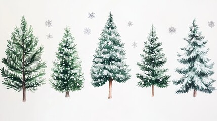 Obraz premium Enchanting watercolor pine trees with softly falling snow winter wonderland art illustration serene forest aerial view magical atmosphere