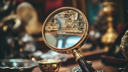 Examining vintage collectibles with a magnifying glass in an antique shop a detailed exploration of memorabilia
