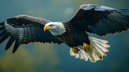 Fototapeta premium Majestic bald eagle soaring through the air.
