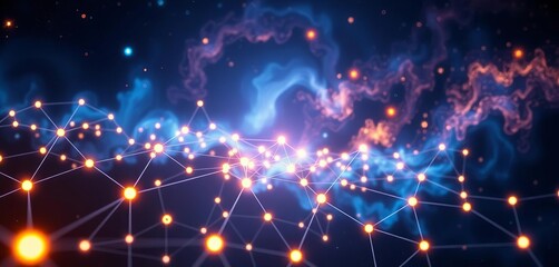 Abstract glowing network nodes in deep space, swirling nebula backdrop,  technology,  intelligence