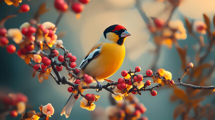 Fototapeta premium Vibrant bird perched amongst colorful berries and blossoms.