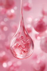 Pink hyaluronic acid serum drop with molecule inside, Cosmetic moisturizer water molecule, Cosmetic essence, Skin care cosmetics solution concept
