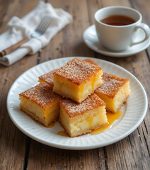 Traditional Baked Cassava Cake Slices on White Plate