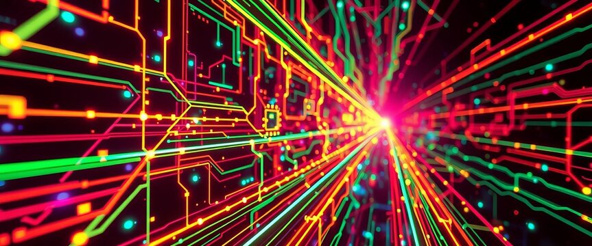 Abstract neon-lit cybernetic circuitry, glowing nodes and pathways,  visual, wires
