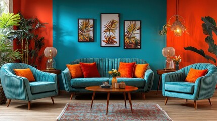 Vibrant teal and orange living room with plush velvet furniture and tropical art