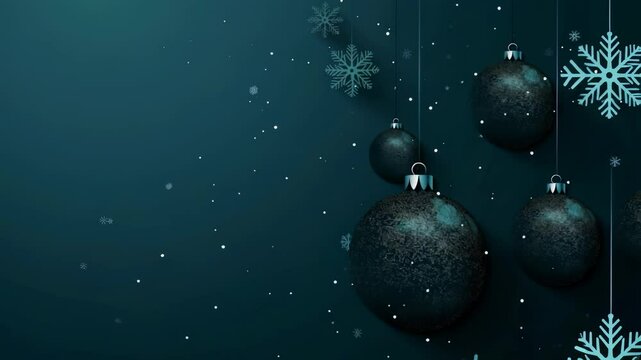 A backdrop of teal and falling snow sets the scene for a collection of ornaments. The scene depicts a minimalist and modern interpretation of a winter or holiday celebration.
