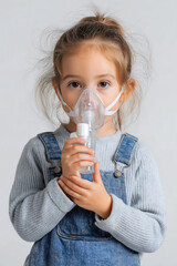 A little child using inhaler mask holding medicine inhaler, Children using equipment to treat asthma or bronchitis, treatment of children's respiratory and lung diseases
