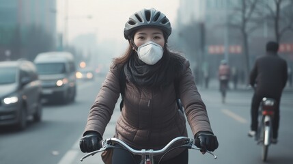 Cycling with a pollution mask in a busy urban environment action photography city life air quality awareness