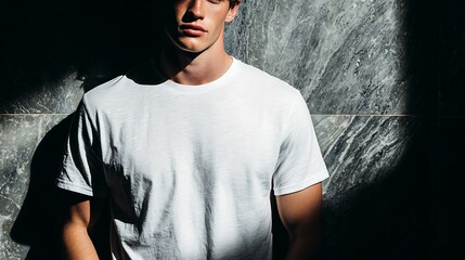 luxury fashion scene, model wearing white crew neck t-shirt, soft spotlight, marble wall background, face out of frame, elegant mood, minimal shadows