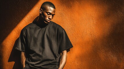 fashion model in black luxury t-shirt, standing near bronze-colored wall, head turned down, soft shadows, high-end minimalist style