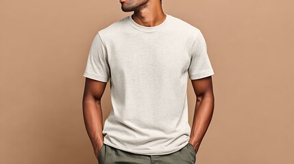 premium cotton t-shirt, model cropped from shoulders up, classy background with neutral palette, luxury tones, fashion mood