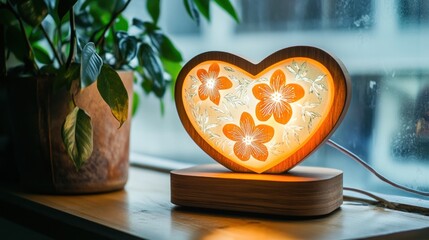 Heart-Shaped Floral Night Light on Windowsill