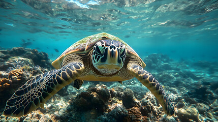 Fototapeta premium Sea turtle swimming amidst coral reef.