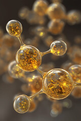 Translucent golden protein molecules precisely connected in a symmetrical structure, Golden molecular structure, Microscopic particles