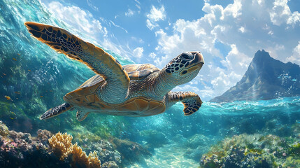 Obraz premium Majestic sea turtle glides through vibrant underwater scene.