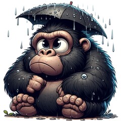 Whimsical cartoon gorillas. A quirky cartoon gorilla sits under an umbrella.