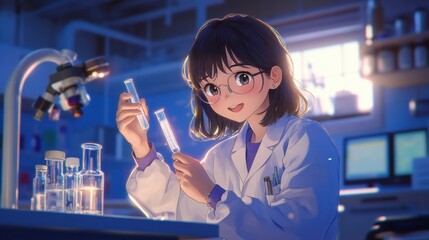 Young Scientist in Laboratory Conducting Experiments with Test Tubes