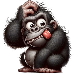 Whimsical cartoon gorillas. A quirky cartoon gorilla is thoughtful.