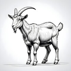 A goat stands in front of a white background. The goat has a long, pointed horn on its head. 