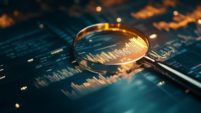 A clear magnifying glass sitting on top of a material with statistics on it moving, financial reports company papers, science and technology